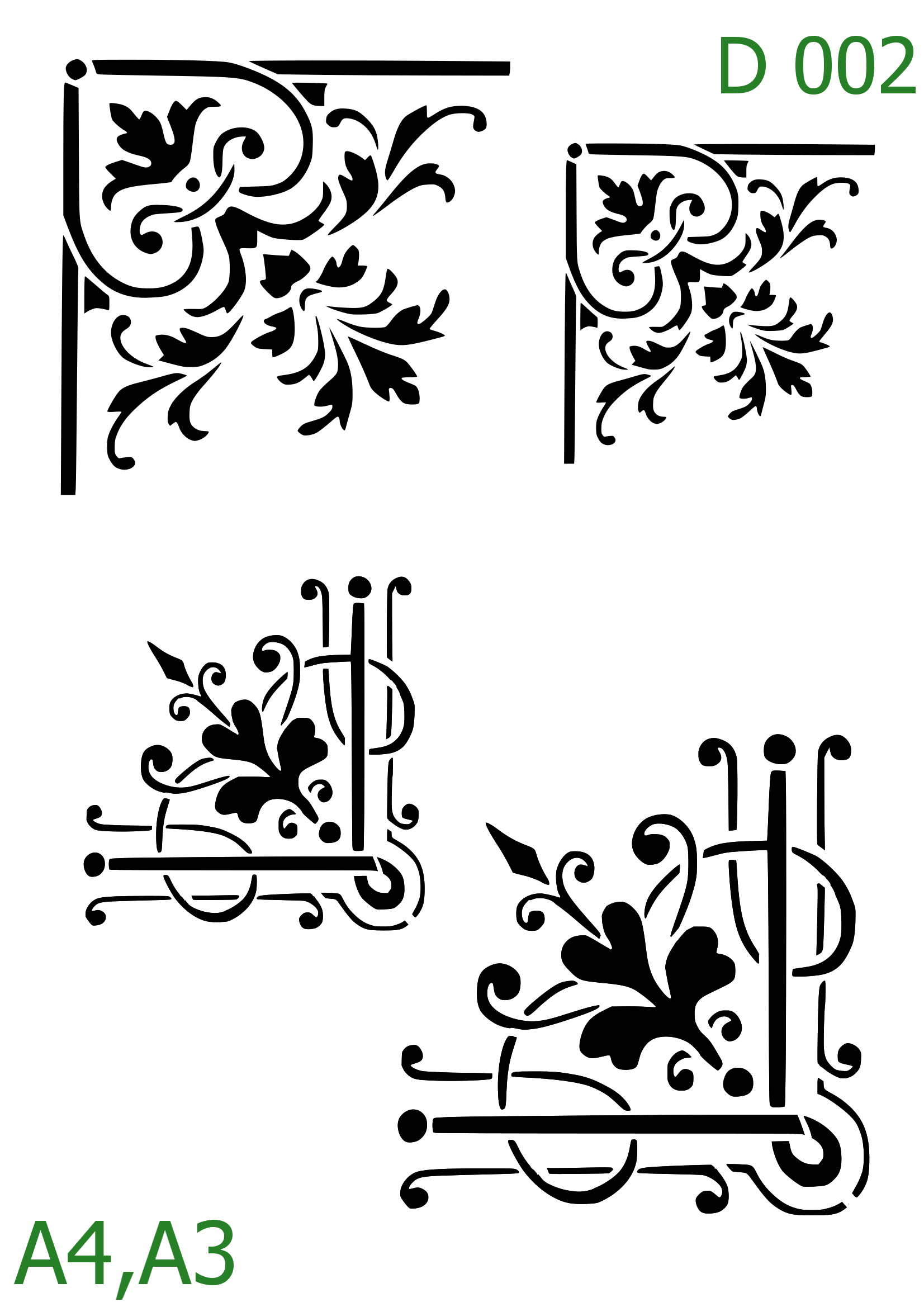 Plastová šablona pro malování - Ornamenty, bondury, rohy - Set tří květinových rohů (D002)