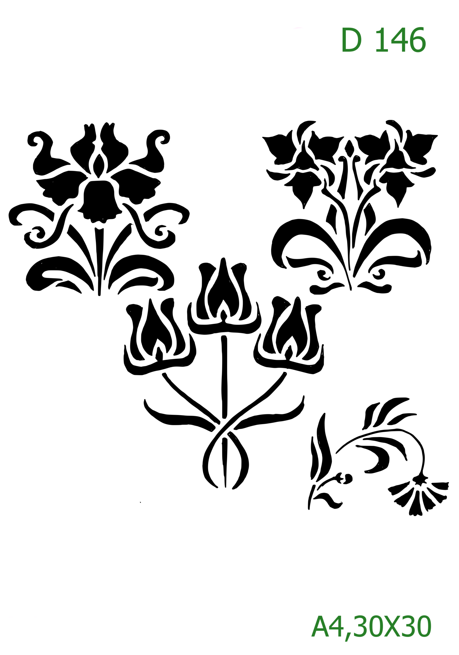 Plastová šablona pro malování - Ornamenty, bondury, rohy - Trojice zvonkových květů (D146)