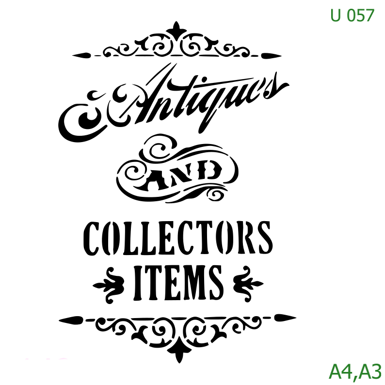 Plastová šablona pro malování - Cizí nápisy - Retro cedulka Antiques and Collectors items (U057)