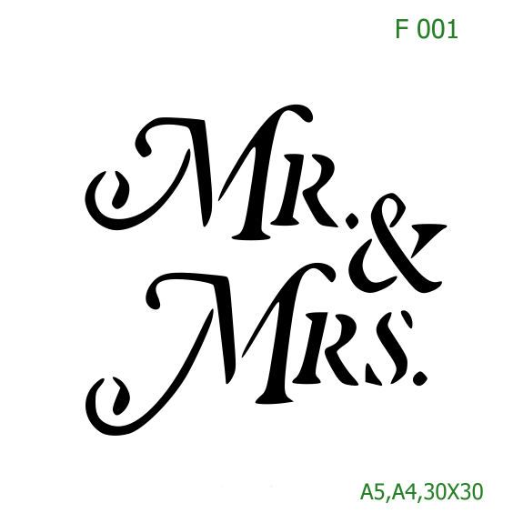 Plastová šablona pro malování - Čísla, písmena, monogramy - Svatební nápis Mr. & Mrs. (F001)