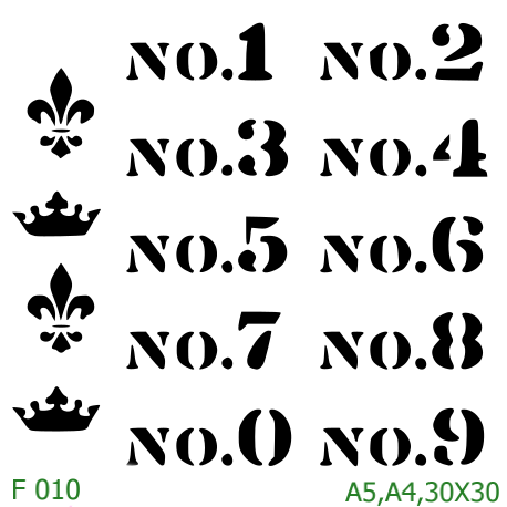 Plastová šablona pro malování - Čísla, písmena, monogramy - Zámecká čísla NO. 1 až NO. 9 s korunkou (F010)
