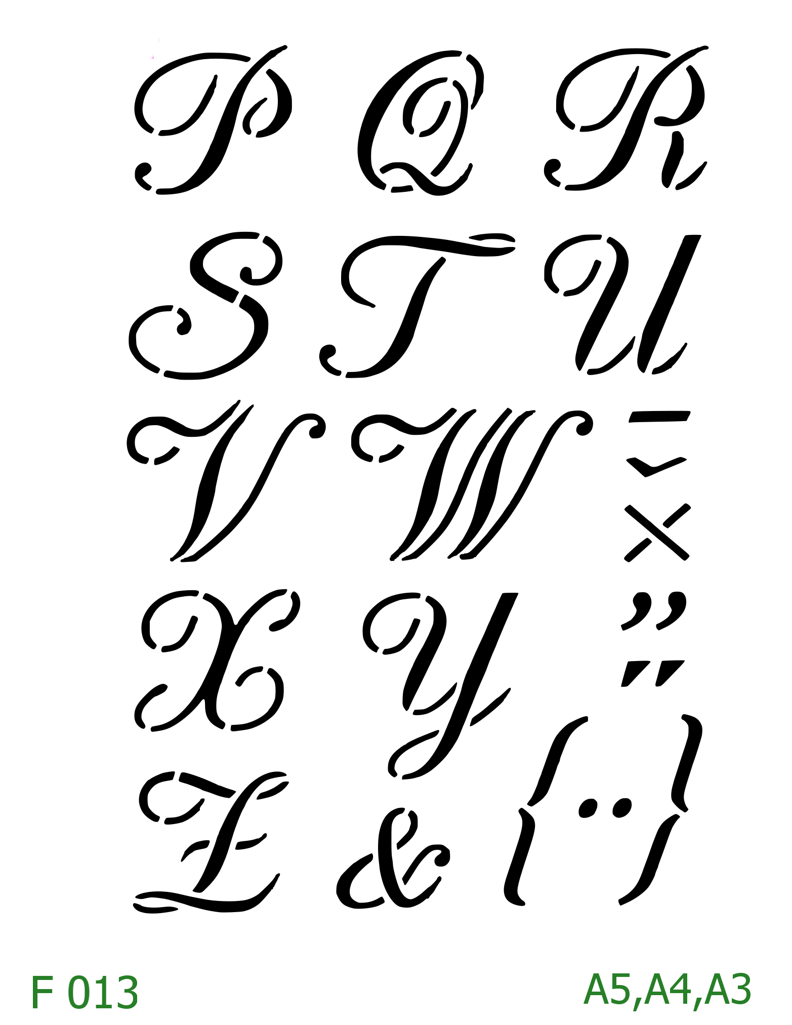 Plastová šablona pro malování - Čísla, písmena, monogramy - Kaligrafická abeceda P-Z a symboly (F013)