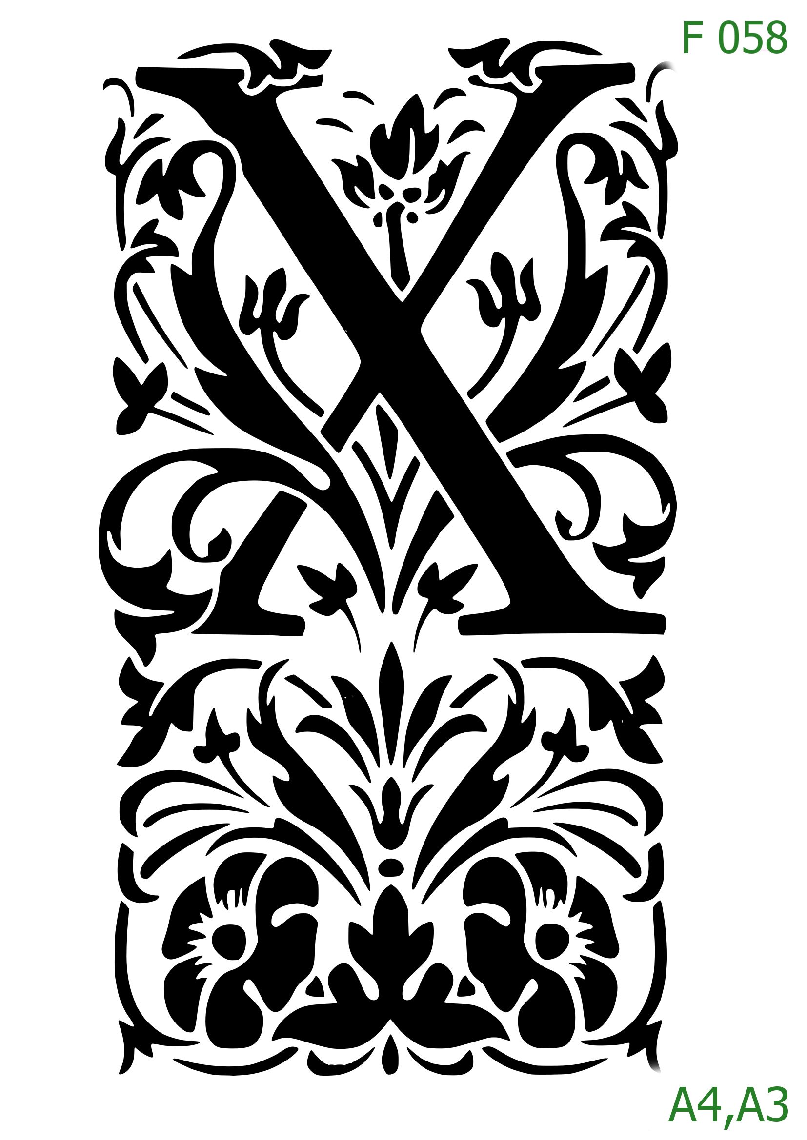 Plastová šablona pro malování - Čísla, písmena, monogramy - Zámecká iniciála X s florálním motivem (F058)