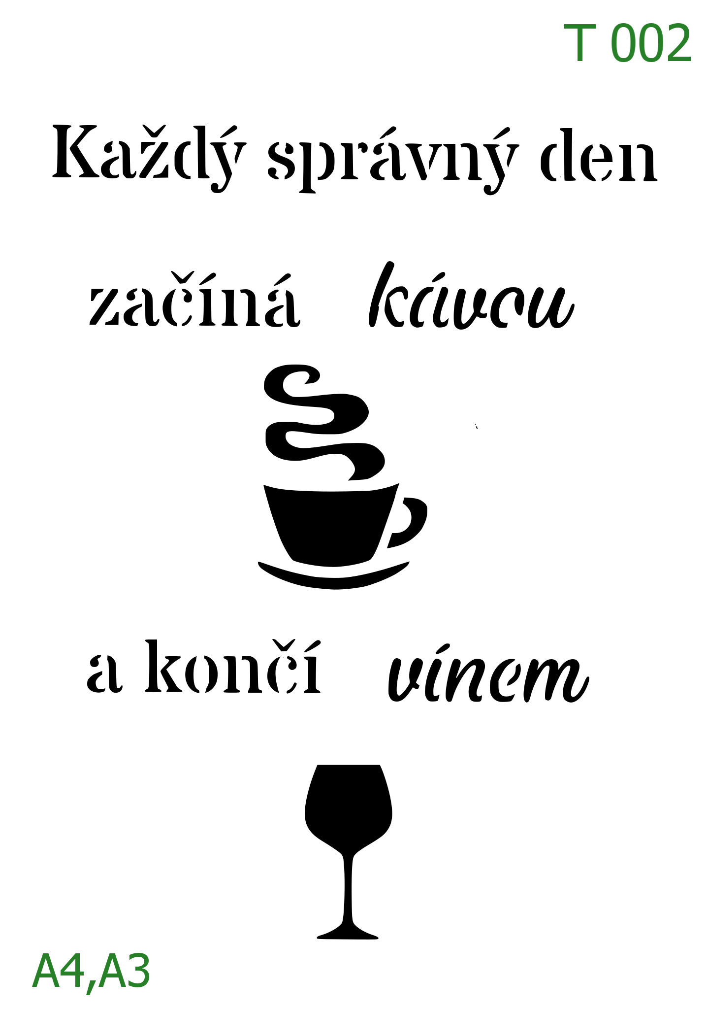 Plastová šablona pro malování - České nápisy - Citát o kávě a vínu s ikonami (T002)
