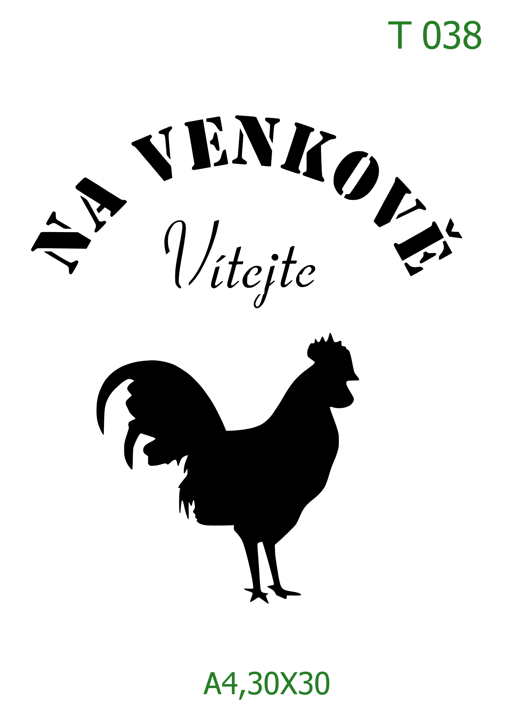 Plastová šablona pro malování - České nápisy - Silueta kohouta s nápisem Na venkově (T038)