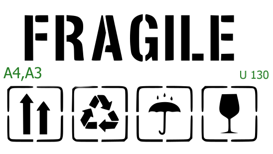 Plastová šablona pro malování - Cizí nápisy - Nápis Fragile s přepravními symboly (U130)