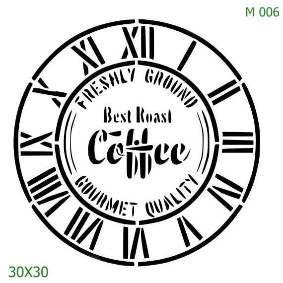 Plastová šablona pro malování - Hodiny - Hodiny coffe a římské číslice (M006)