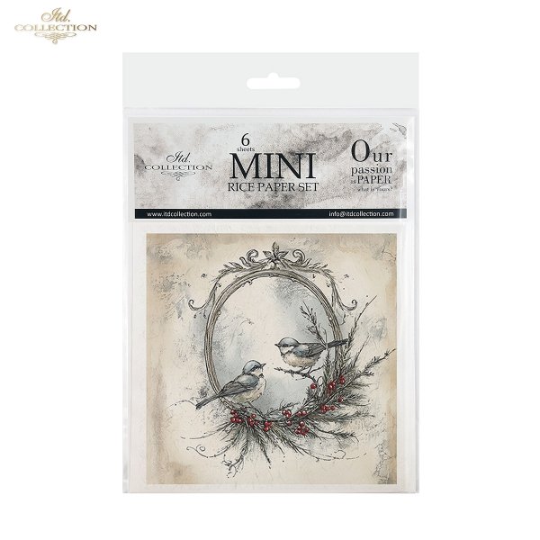 Rýžový papír 15x15 cm - Květinový věnec s ptáčky 6 ks mini set - RSM195